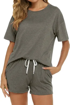Women's 2 Piece Sets 2025 Summer Outfits Soft Lounge Set Lightweight Short Sleeve T-Shirts Drawstring Shorts Pajamas