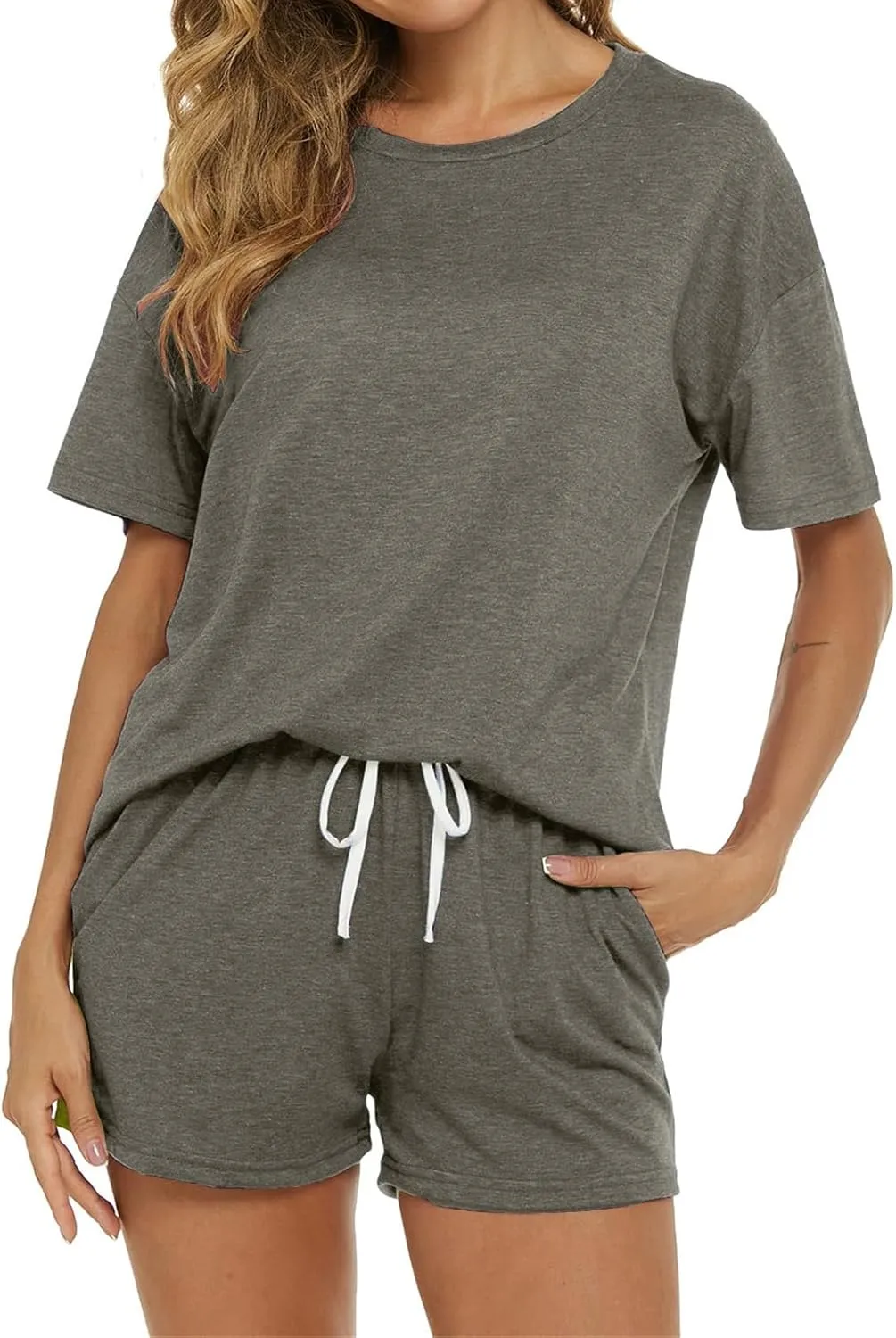Women's 2 Piece Sets 2025 Summer Outfits Soft Lounge Set Lightweight Short Sleeve T-Shirts Drawstring Shorts Pajamas