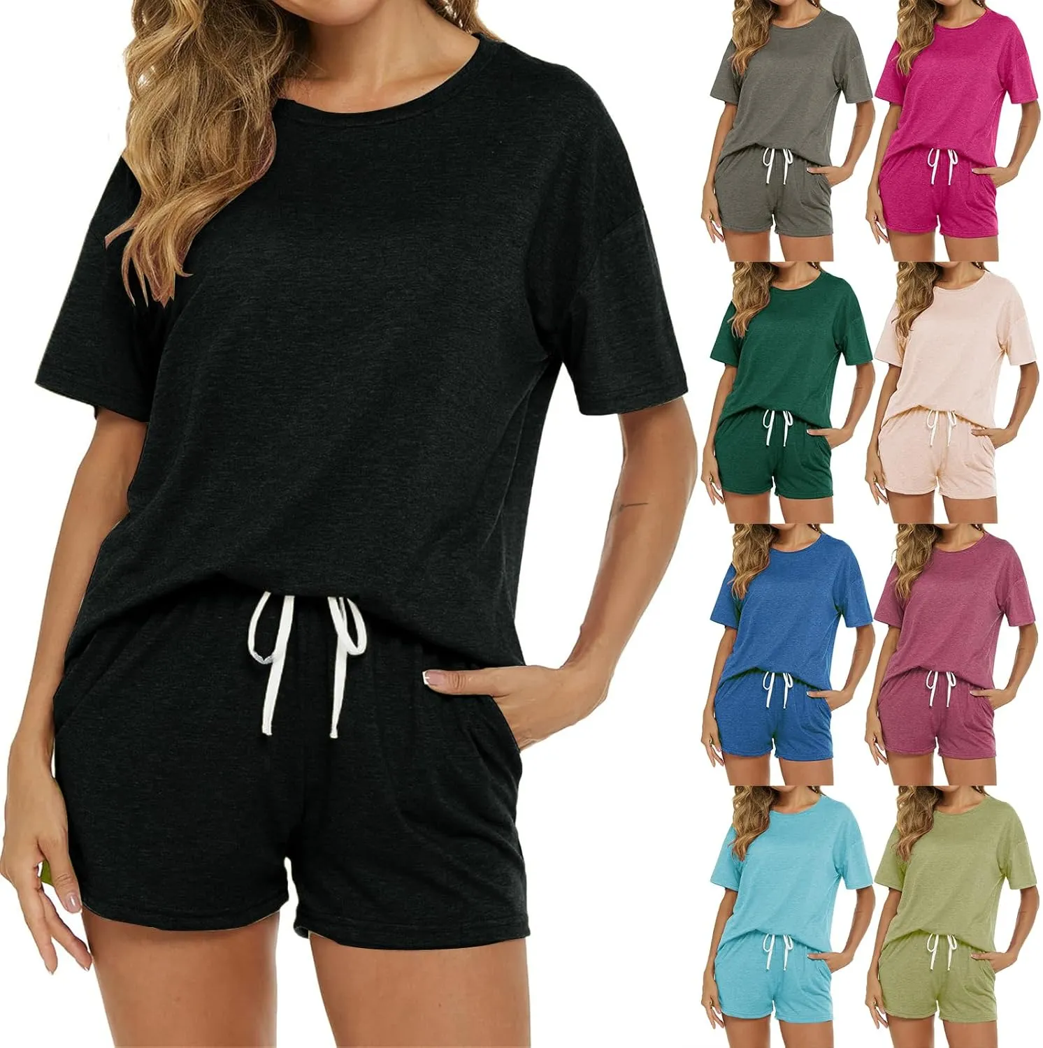 Women's 2 Piece Sets 2025 Summer Outfits Soft Lounge Set Lightweight Short Sleeve T-Shirts Drawstring Shorts Pajamas