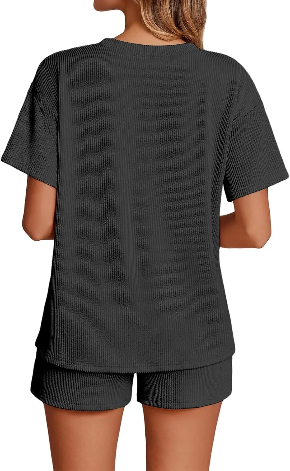 Womens 2 Piece Sets Comfy Ribbed Textured Casual Outfits Pajamas Lounge Matching Set Short Sleeve Tops and Shorts