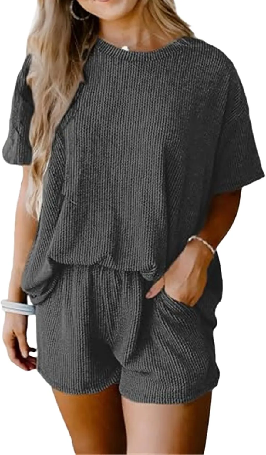 Womens 2 Piece Sets Comfy Ribbed Textured Casual Outfits Pajamas Lounge Matching Set Short Sleeve Tops and Shorts