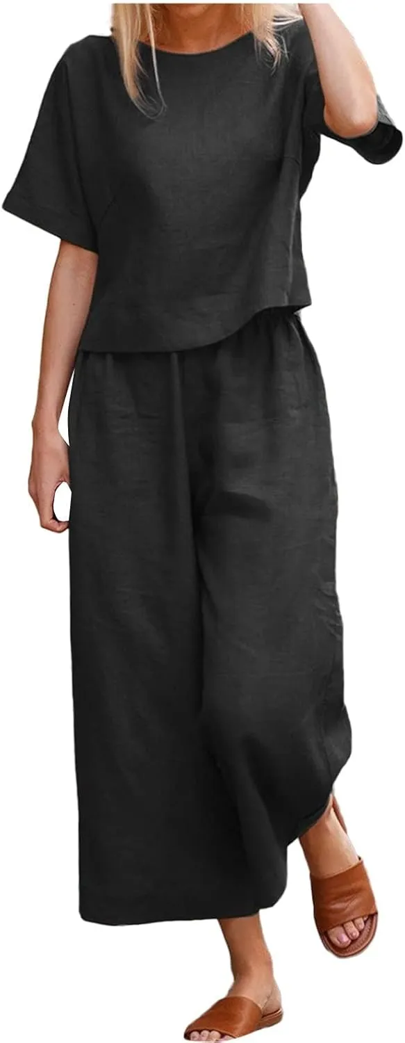 Womens 2 Piece Sets Loose Summer T Shirts Tops High Waisted Wide Leg Lounge Pants Casual Palazzo Pants Outfits