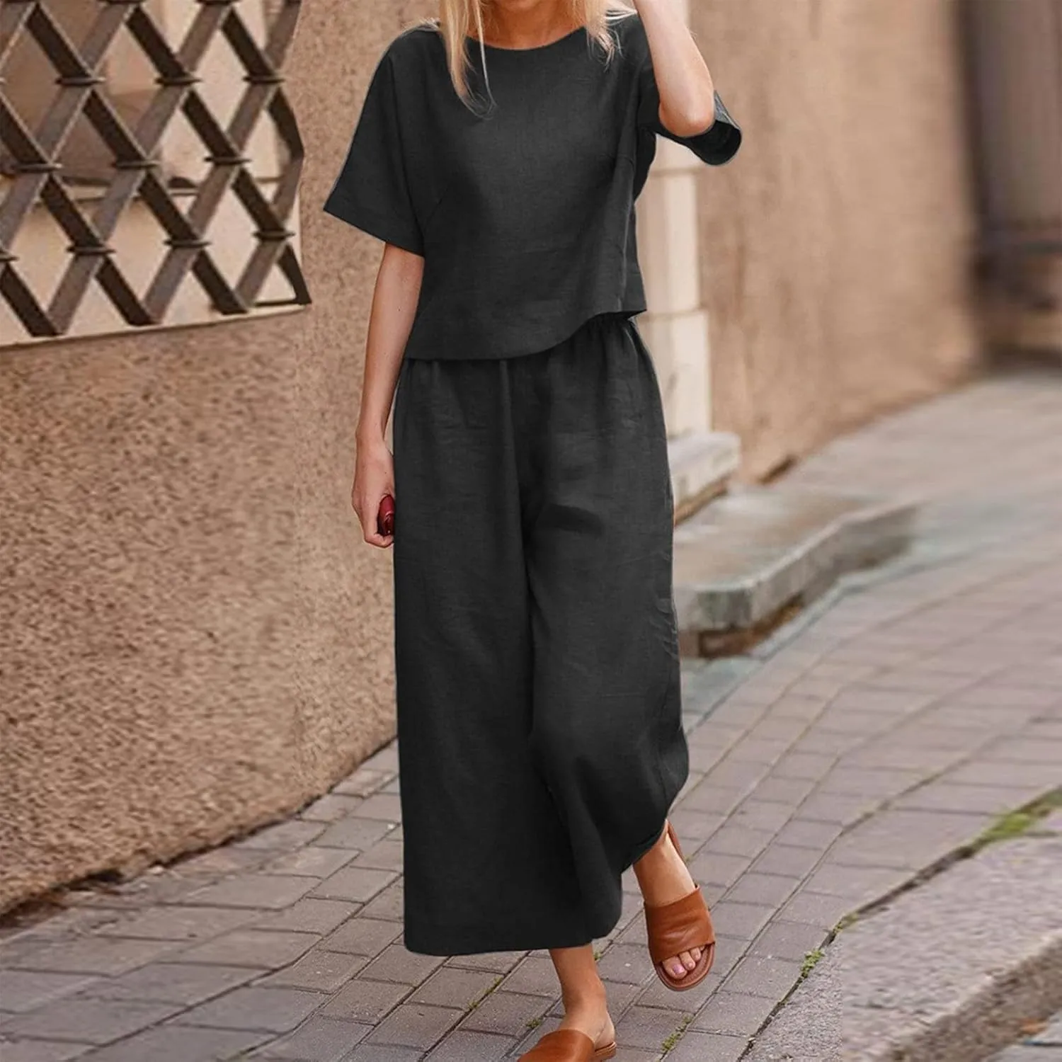 Womens 2 Piece Sets Loose Summer T Shirts Tops High Waisted Wide Leg Lounge Pants Casual Palazzo Pants Outfits