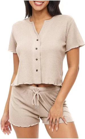 Women's 2 Piece Waffle Knit Lounge Sets Button Down Short Sleeve and Drawstring Waist Shorts Outfits Casual Loungewear