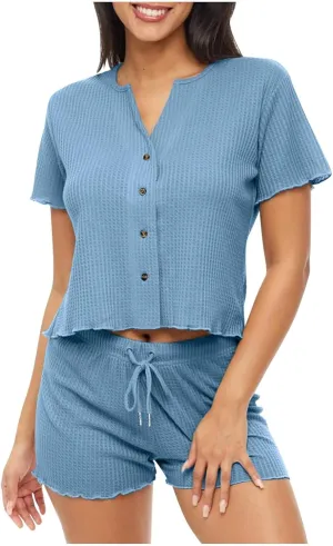 Women's 2 Piece Waffle Knit Lounge Sets Button Down Short Sleeve and Drawstring Waist Shorts Outfits Casual Loungewear