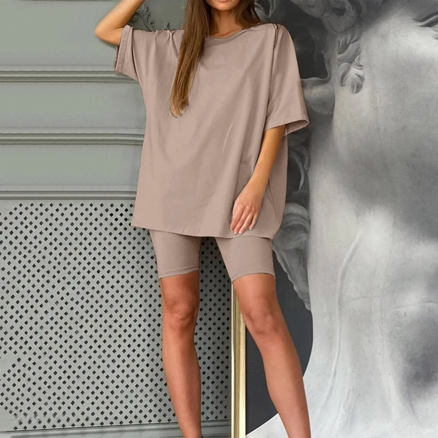 Women's 2 Piece Workout Sets Summer Oversized T-Shirt & Biker Shorts Lounge Set Sports Tracksuit Jogging Outfits