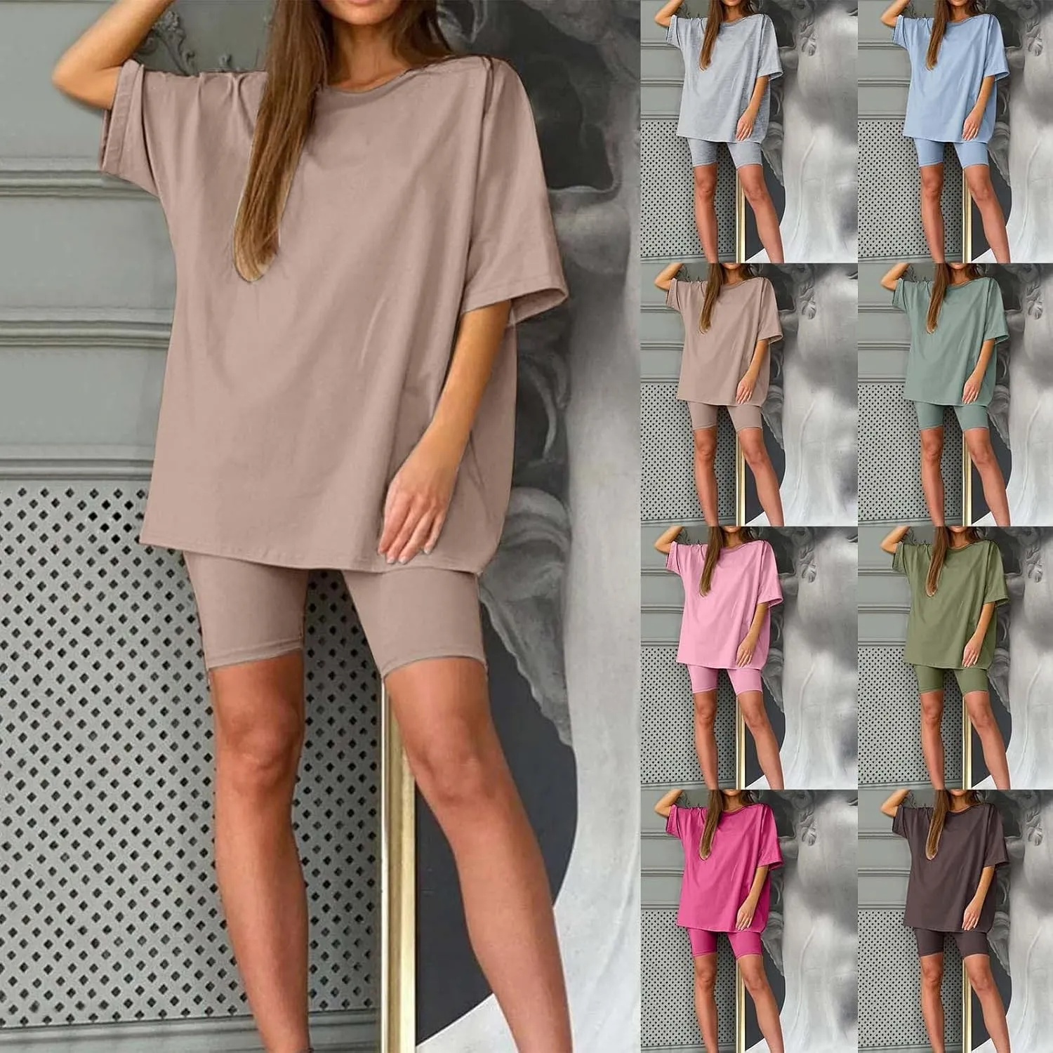 Women's 2 Piece Workout Sets Summer Oversized T-Shirt & Biker Shorts Lounge Set Sports Tracksuit Jogging Outfits