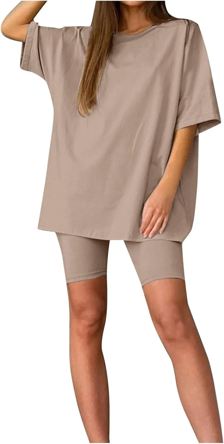 Women's 2 Piece Workout Sets Summer Oversized T-Shirt & Biker Shorts Lounge Set Sports Tracksuit Jogging Outfits