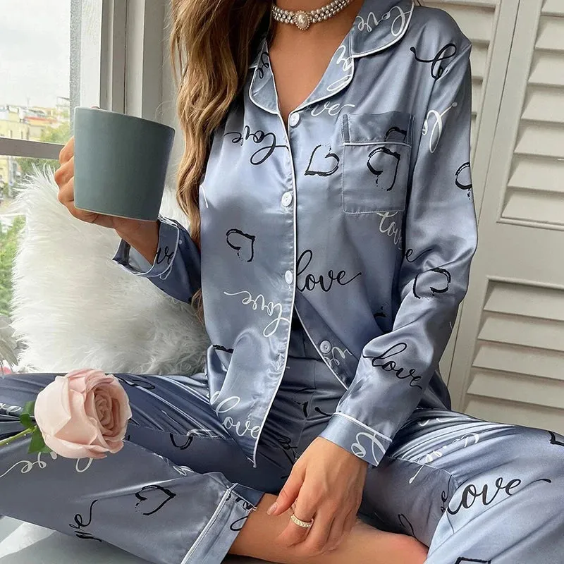 Women's 2Pcs Silk Satin Long Sleeve Soft Button Down Pajamas Set