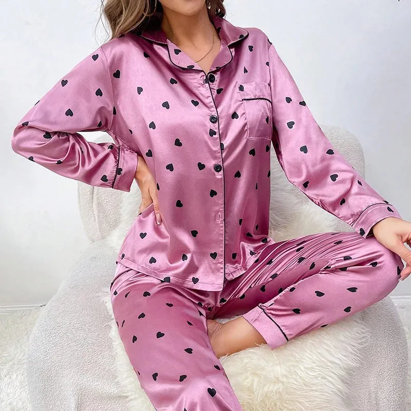 Women's 2Pcs Silk Satin Long Sleeve Soft Button Down Pajamas Set