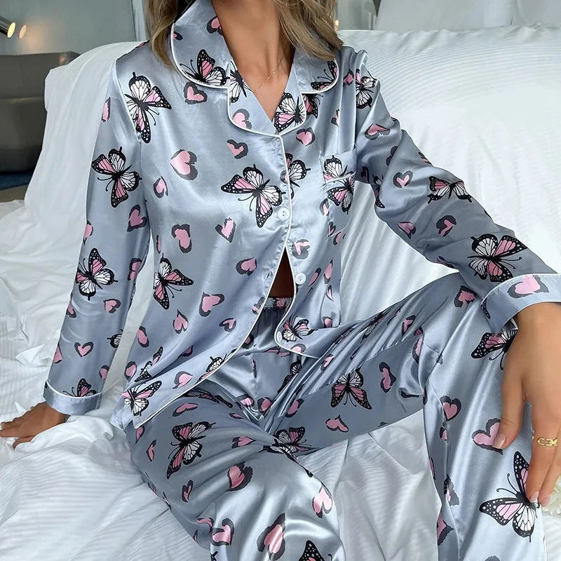 Women's 2Pcs Silk Satin Long Sleeve Soft Button Down Pajamas Set