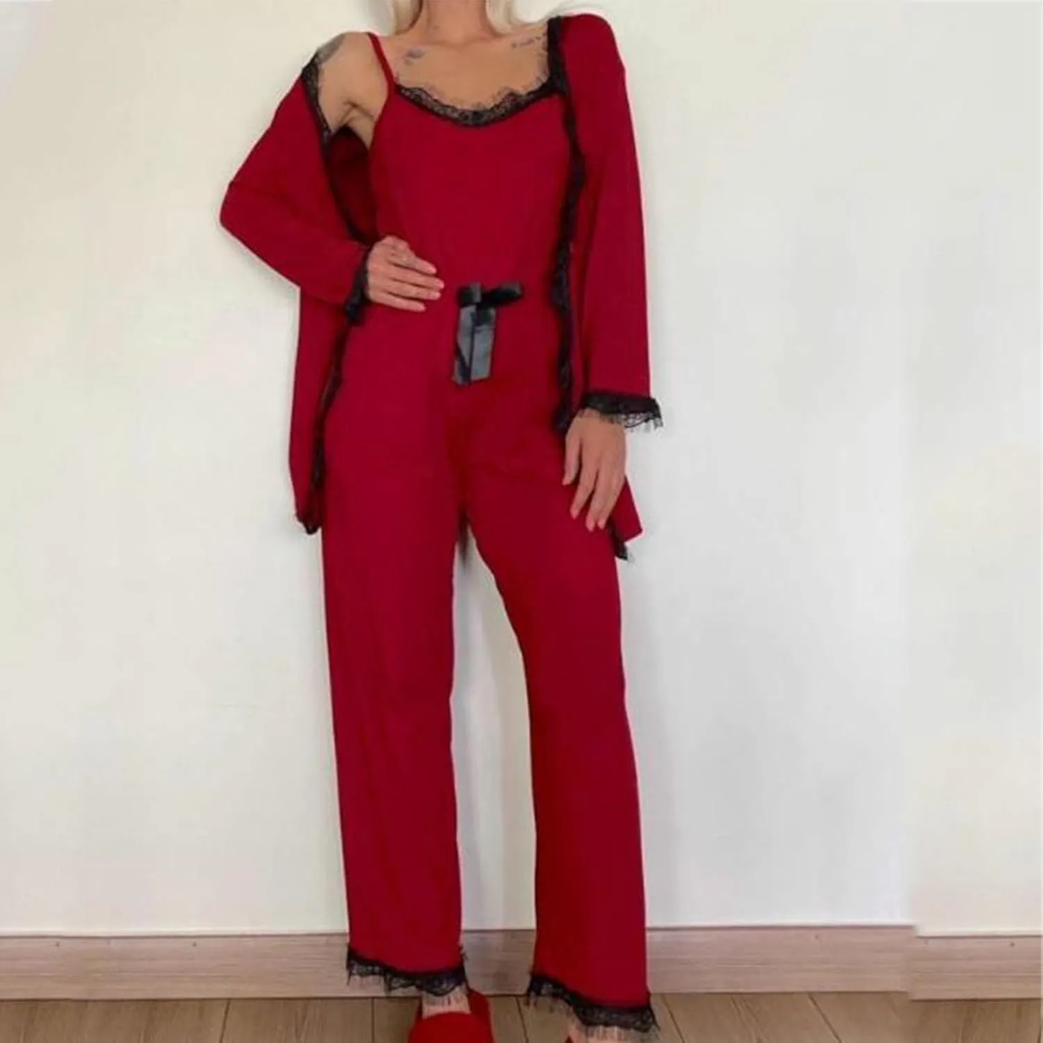 Womens 3 Piece Pajama Sets Soft Ribbed Knit Nightwear Sleepwear Long Sleeve Cardigan Cami Top Pants Pjs Lounge Set