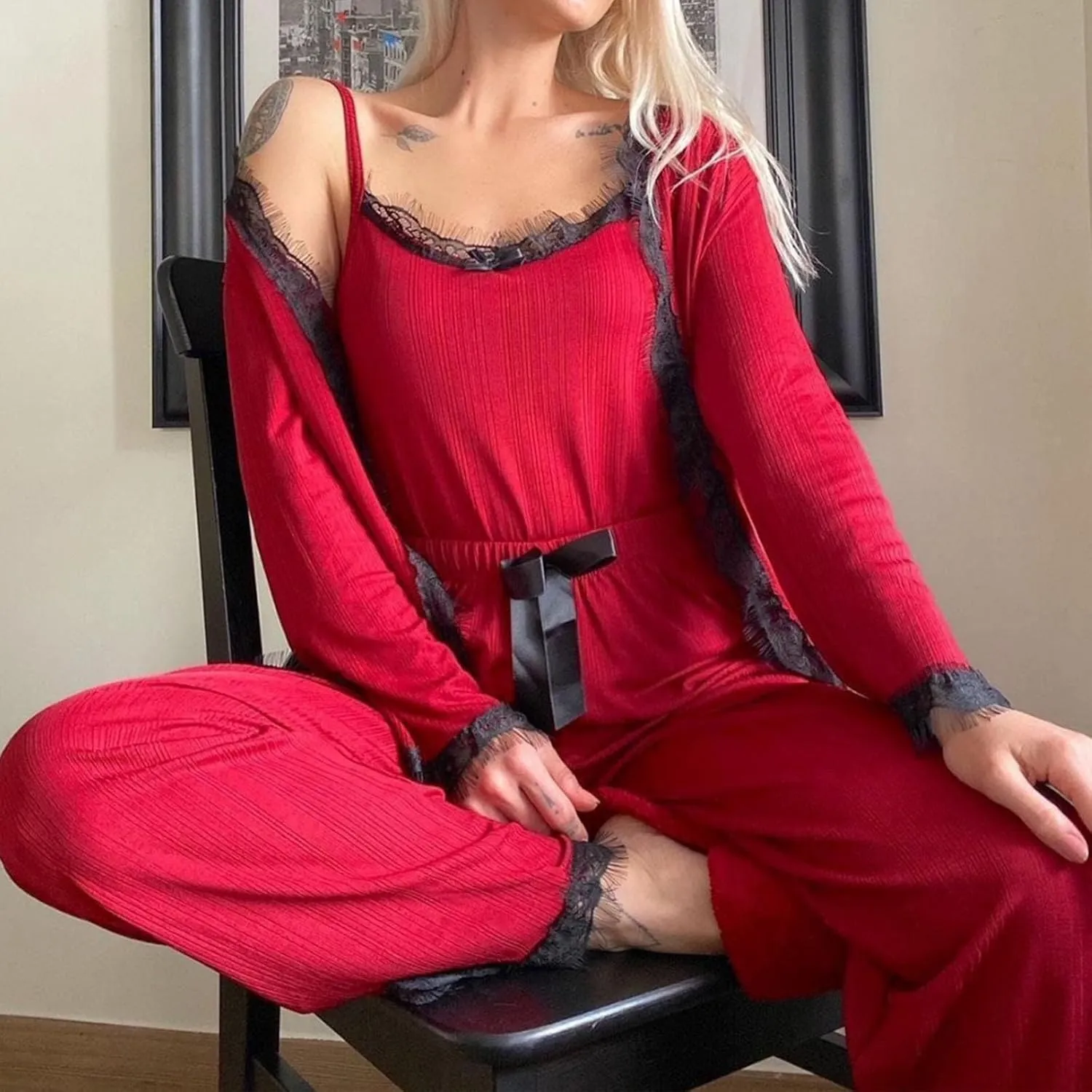 Womens 3 Piece Pajama Sets Soft Ribbed Knit Nightwear Sleepwear Long Sleeve Cardigan Cami Top Pants Pjs Lounge Set