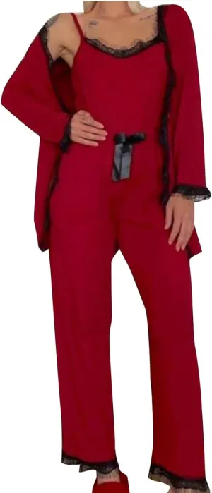 Womens 3 Piece Pajama Sets Soft Ribbed Knit Nightwear Sleepwear Long Sleeve Cardigan Cami Top Pants Pjs Lounge Set