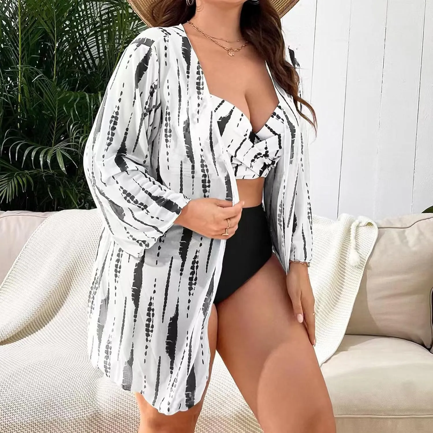 Womens 3 Pieces Bikini Set Swimsuit Tropical Beach Cover up Kimono Swimwear Bathing Suit with Boy Shorts