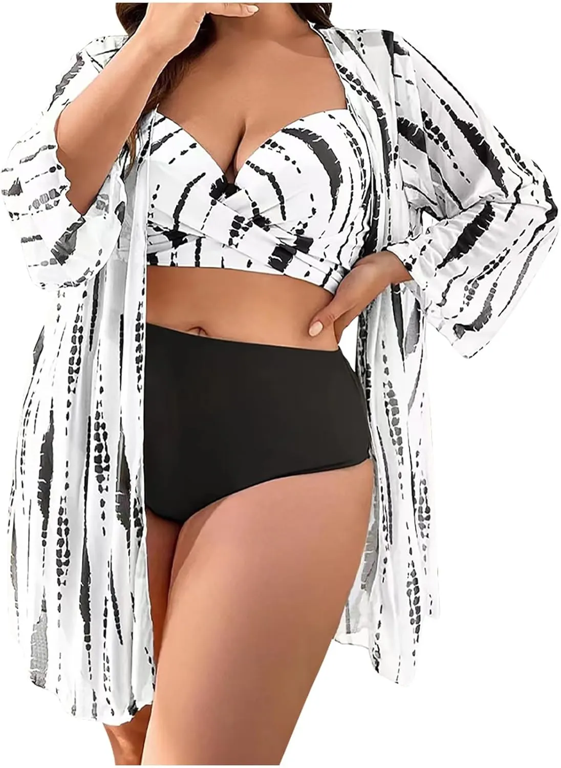 Womens 3 Pieces Bikini Set Swimsuit Tropical Beach Cover up Kimono Swimwear Bathing Suit with Boy Shorts