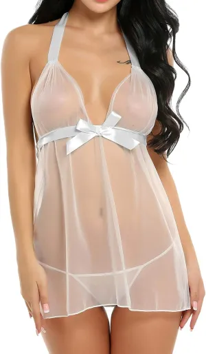 Women's Babydoll Sexy for Women Lingerie Set Tie Front Clear Chemise Nightie Sheer V Neck Lace Strap Mesh