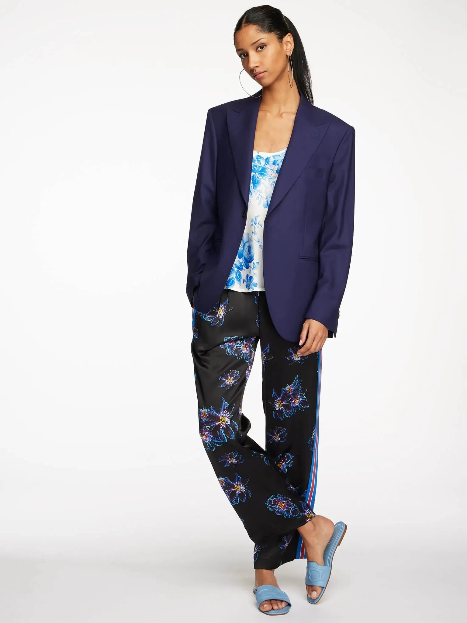 Women's Blue Jellyfish Floral Silk Pajama Pant With Stripe