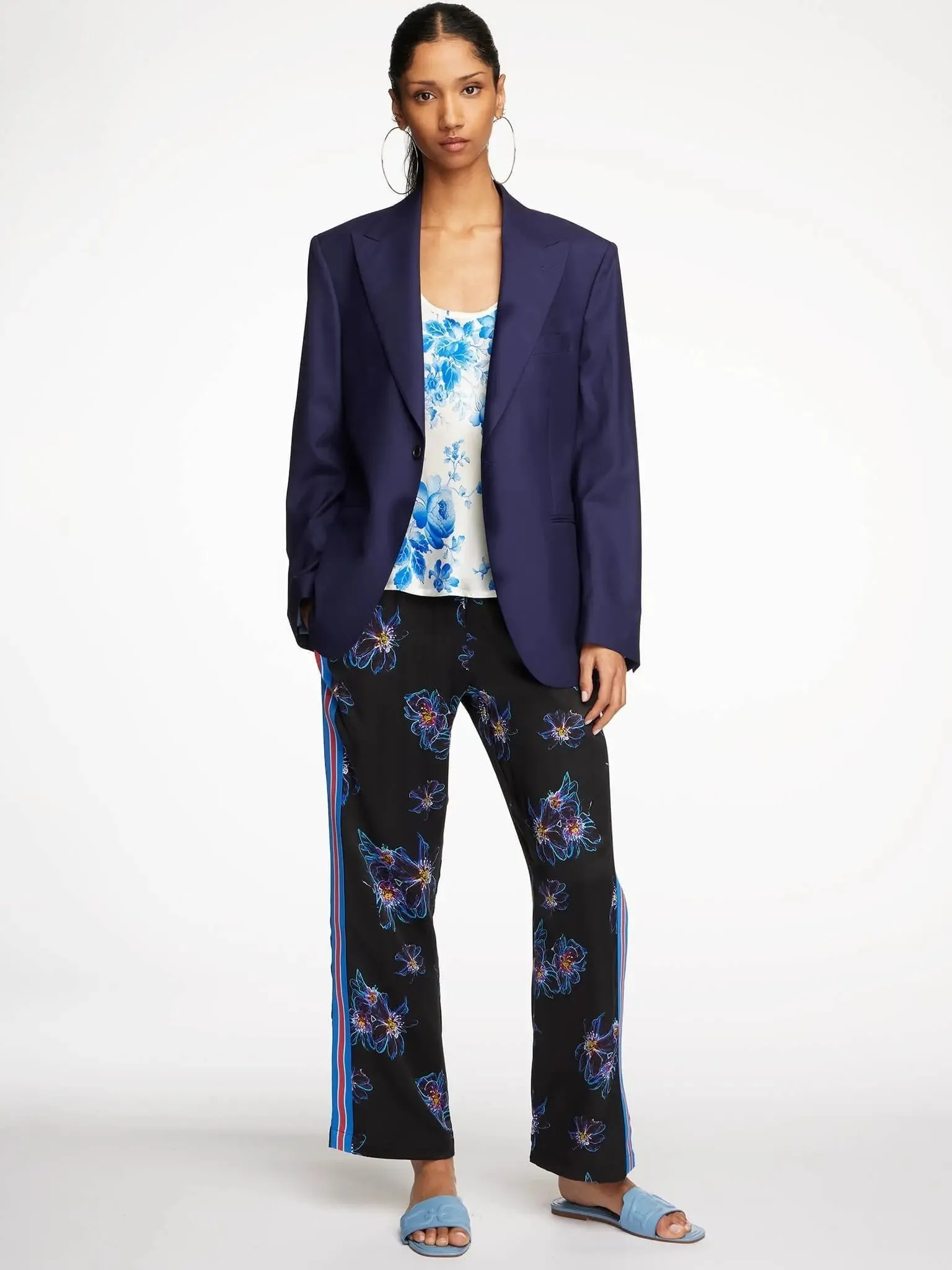 Women's Blue Jellyfish Floral Silk Pajama Pant With Stripe
