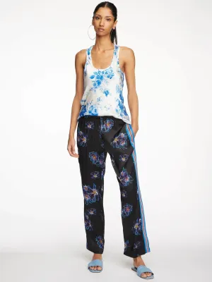 Women's Blue Jellyfish Floral Silk Pajama Pant With Stripe