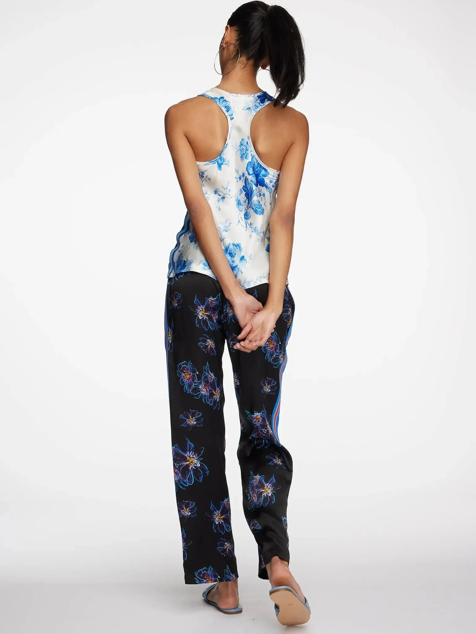 Women's Blue Jellyfish Floral Silk Pajama Pant With Stripe
