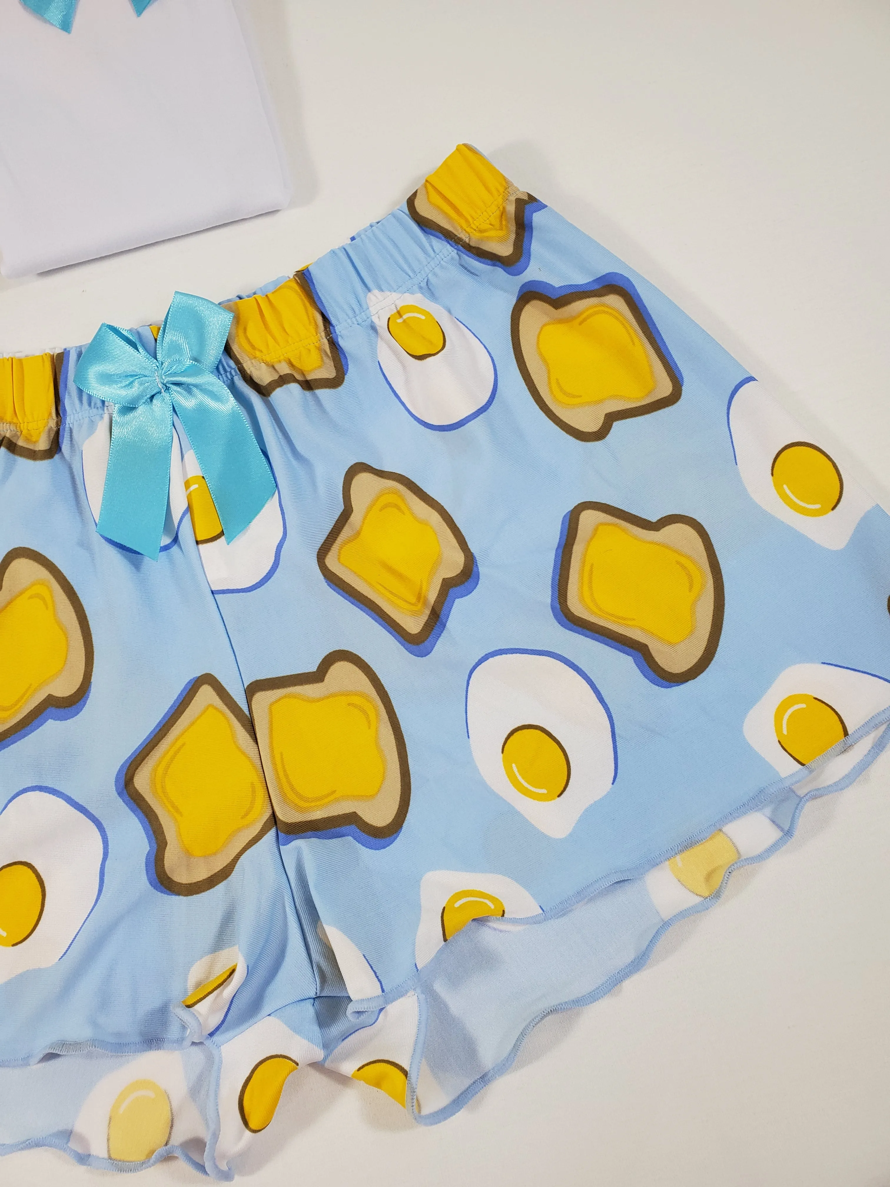 Women's Blue satin pajamas shorts fried eggs and toast theme white blouse