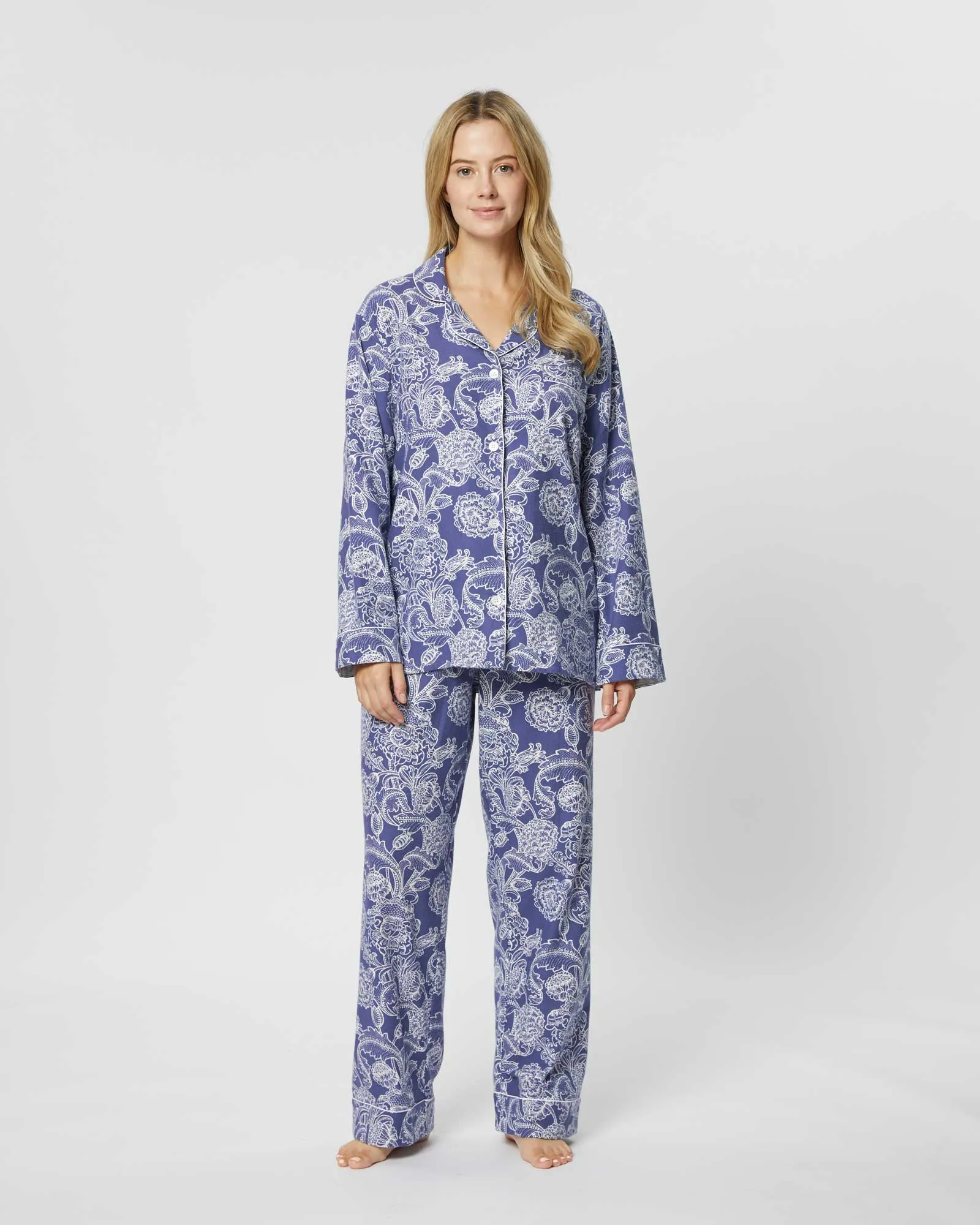 Women's Brushed Cotton Pajamas - Paisley Flower Blue