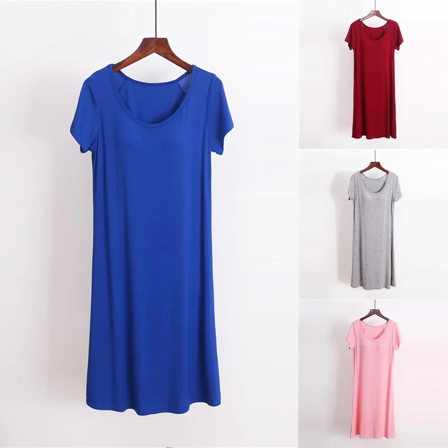 Women's Bulit-in-Bra Nightgown Loose Crew Neck Comfy Cotton Sleepshirts Short Sleeve Summer Nightdress Soft Sleepwear