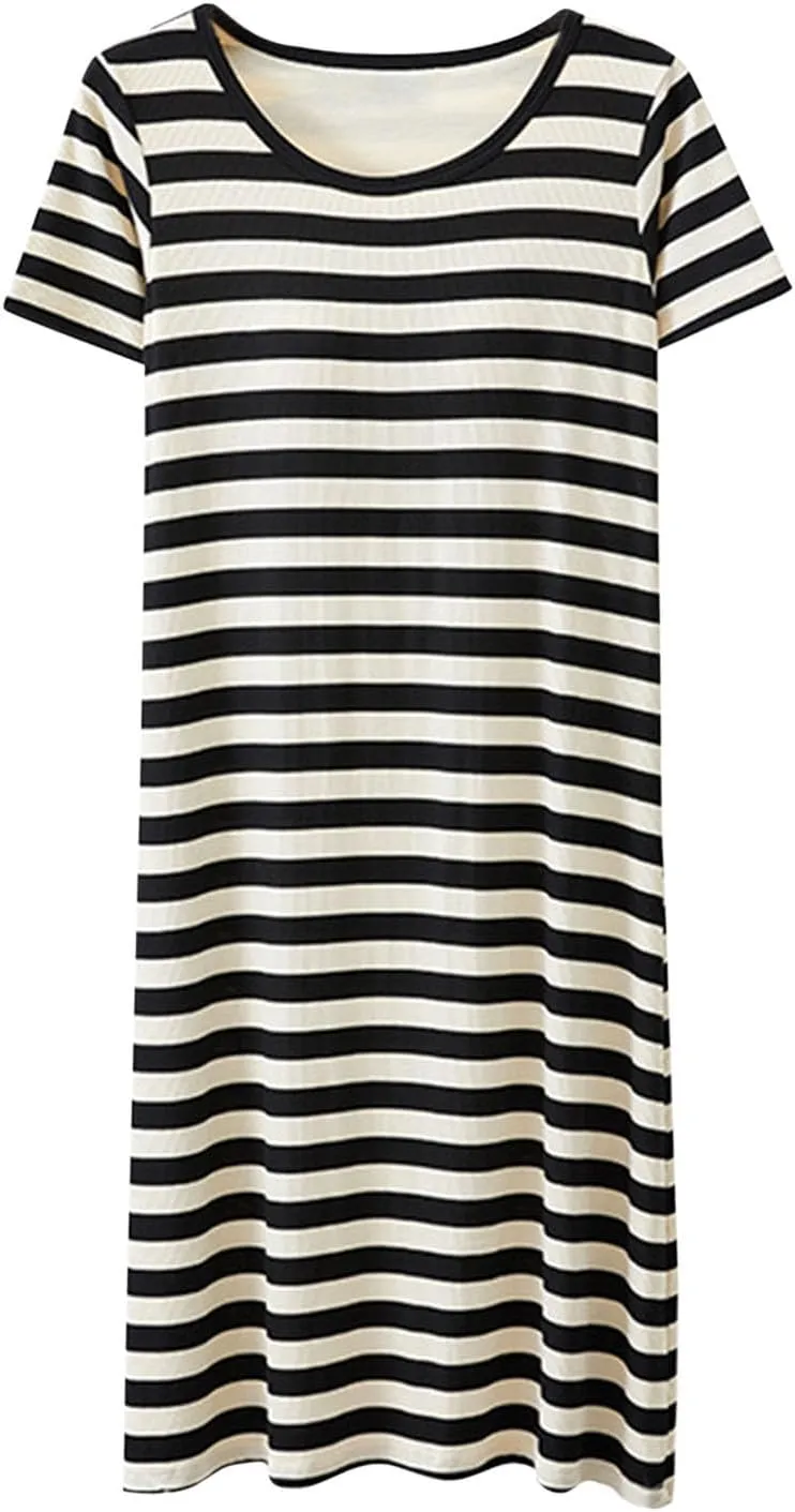 Women's Bulit-in-Bra Nightgown Short Sleeve Sleepwear Comfy Loose Crewncek Striped Sleepshirts Soft Nightdress