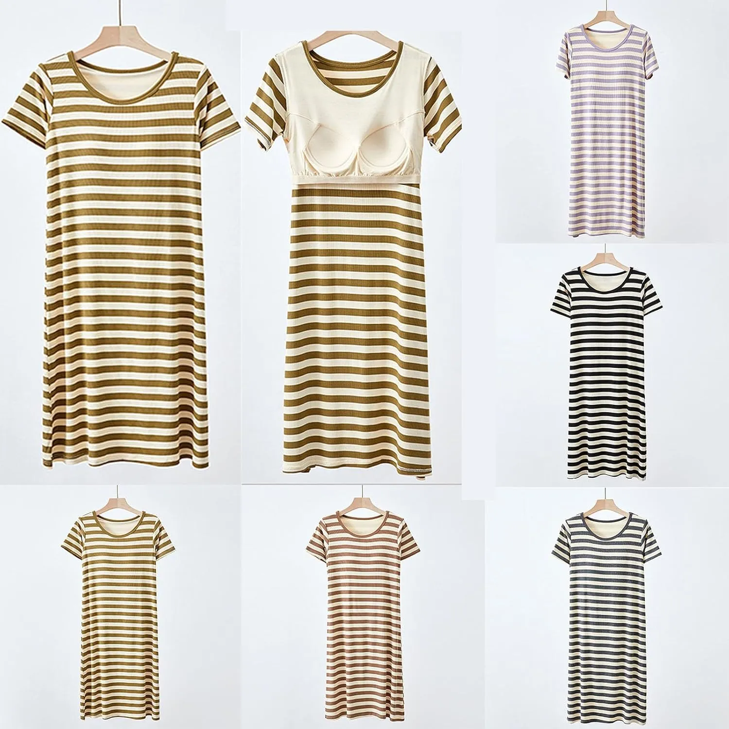 Women's Bulit-in-Bra Nightgown Short Sleeve Sleepwear Comfy Loose Crewncek Striped Sleepshirts Soft Nightdress