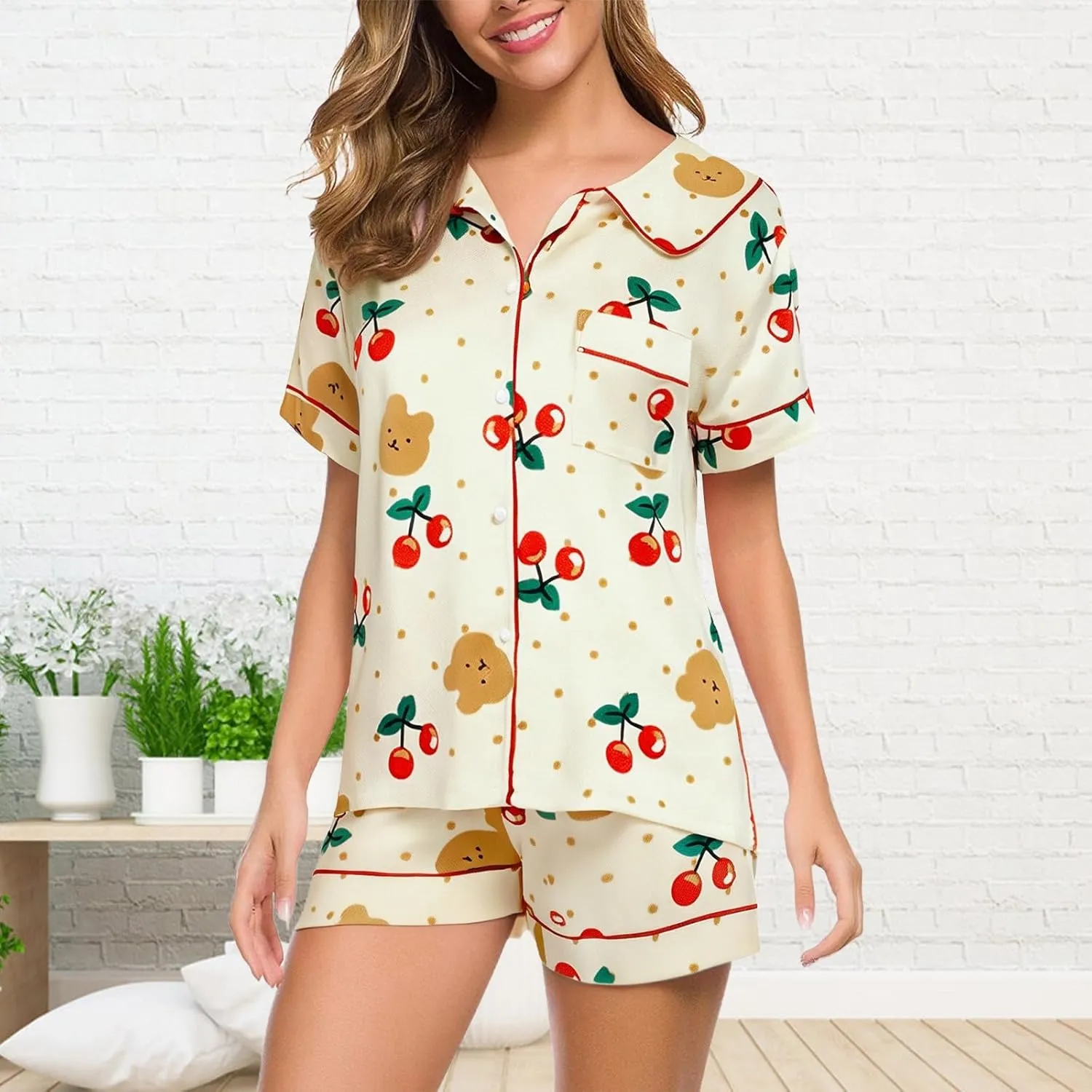 Women's Button Down Pajamas Set Silky 2 Piece Short Sleeve T-Shirt and Shorts Sleepwear Printed Comfy Lounge Pajama