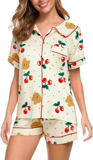Women's Button Down Pajamas Set Silky 2 Piece Short Sleeve T-Shirt and Shorts Sleepwear Printed Comfy Lounge Pajama