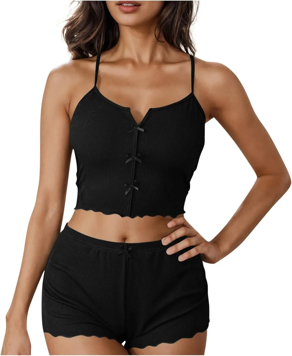 Womens Cami Pajama Sets 2 Piece Ribbed Knit Lingerie Sleeveless Tank Top and Shorts Camisole Pjs Sleepwear