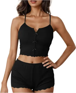 Womens Cami Pajama Sets 2 Piece Ribbed Knit Lingerie Sleeveless Tank Top and Shorts Camisole Pjs Sleepwear