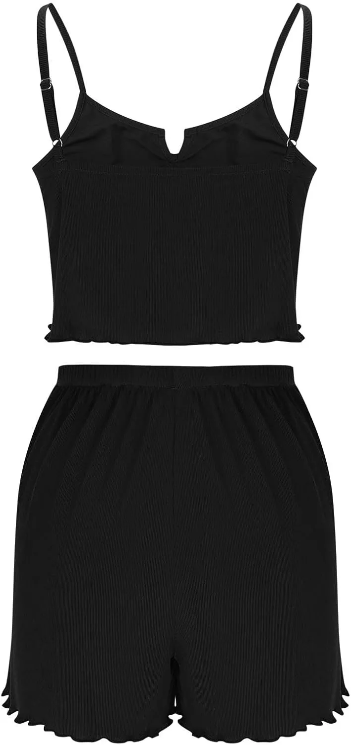 Womens Cami Pajama Sets 2 Piece Ribbed Knit Lingerie Sleeveless Tank Top and Shorts Camisole Pjs Sleepwear