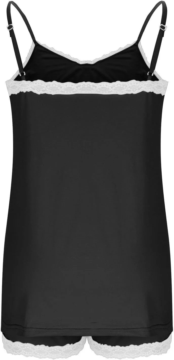 Women's Camisole Pajamas Sets Lace Trim V Neck Sleeveless Sleepwear Matching Pjs Shorts 2 Piece Lounge Outfits