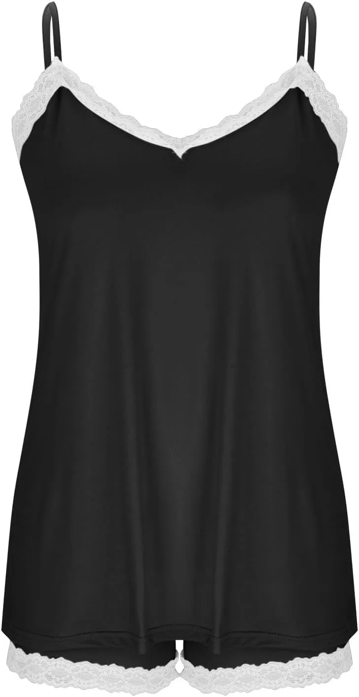 Women's Camisole Pajamas Sets Lace Trim V Neck Sleeveless Sleepwear Matching Pjs Shorts 2 Piece Lounge Outfits