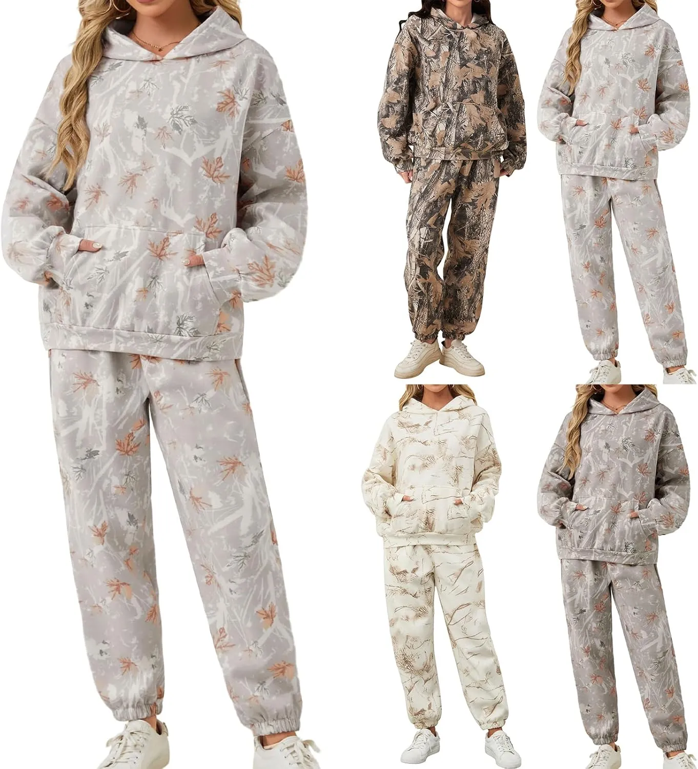 Womens Camo Sweatsuits Camo Hoodies Maple Leaf Print Oversized Sweatshirt Sweatpants Lounge Sets 2 Piece Matching Set