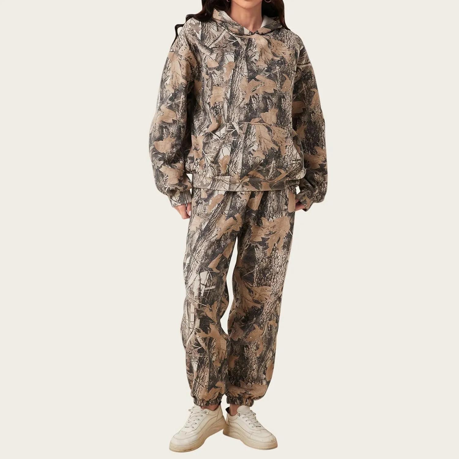 Womens Camo Sweatsuits Camo Hoodies Maple Leaf Print Oversized Sweatshirt Sweatpants Lounge Sets 2 Piece Matching Set