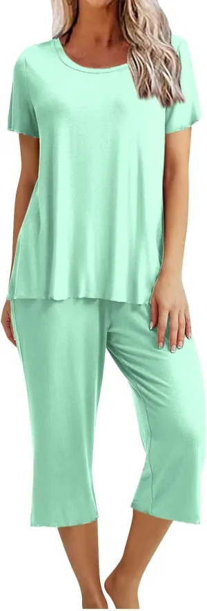 Womens Capri Pajamas Set 2 Piece Summer Lounge Sets Short Sleeve Round Neck Tops Soft Cropped Pants Comfy Sleepwear