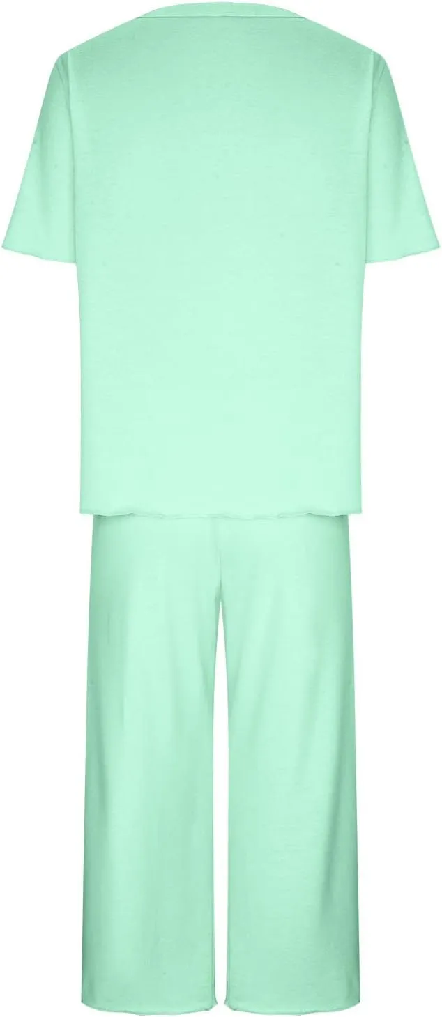 Womens Capri Pajamas Set 2 Piece Summer Lounge Sets Short Sleeve Round Neck Tops Soft Cropped Pants Comfy Sleepwear