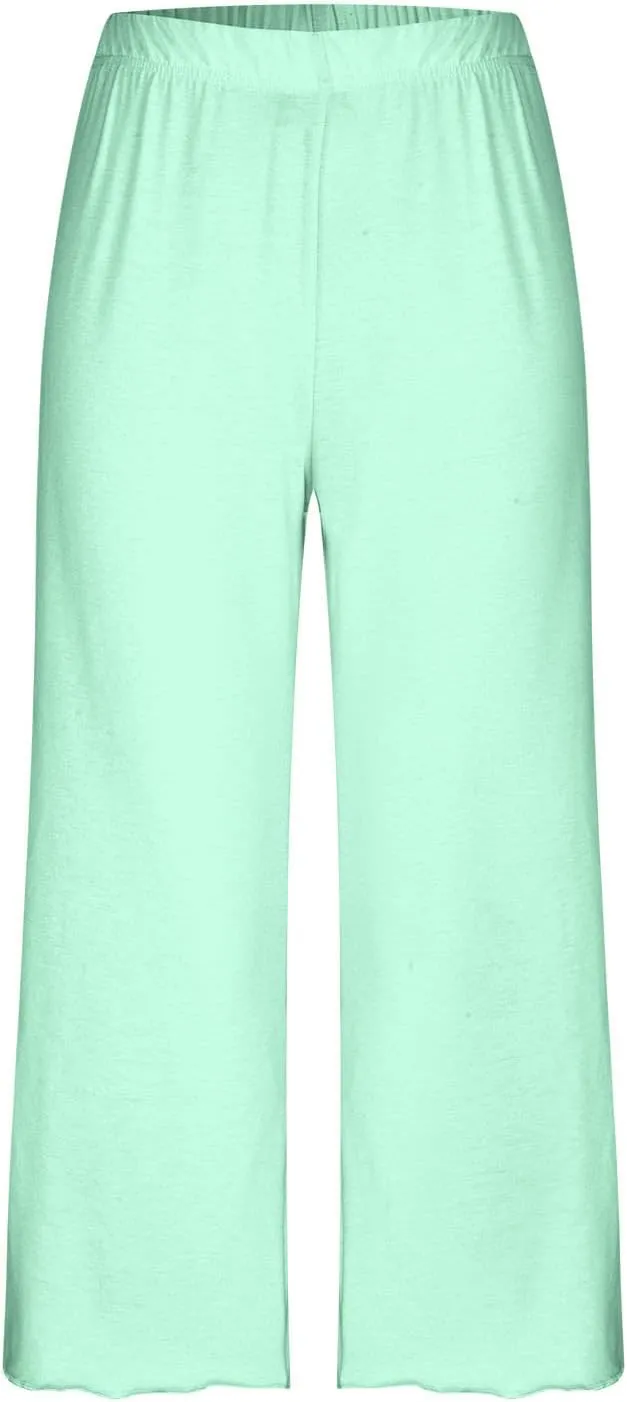 Womens Capri Pajamas Set 2 Piece Summer Lounge Sets Short Sleeve Round Neck Tops Soft Cropped Pants Comfy Sleepwear