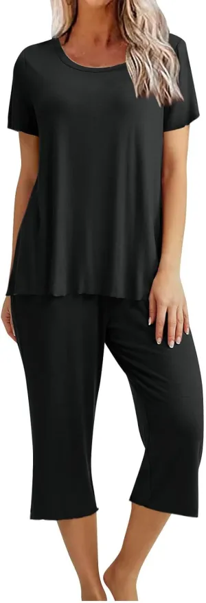 Womens Capri Pajamas Set 2 Piece Summer Lounge Sets Short Sleeve Round Neck Tops Soft Cropped Pants Comfy Sleepwear