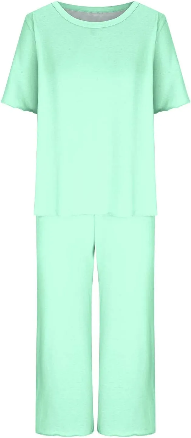 Womens Capri Pajamas Set 2 Piece Summer Lounge Sets Short Sleeve Round Neck Tops Soft Cropped Pants Comfy Sleepwear