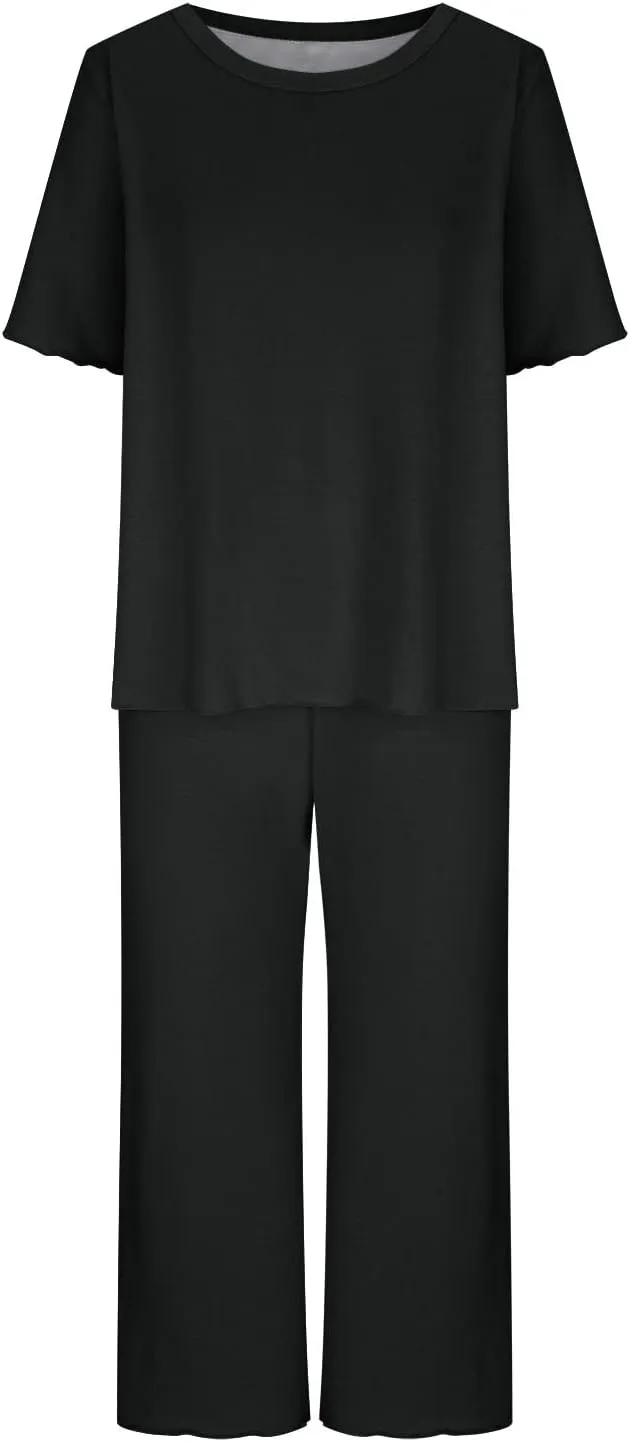 Womens Capri Pajamas Set 2 Piece Summer Lounge Sets Short Sleeve Round Neck Tops Soft Cropped Pants Comfy Sleepwear