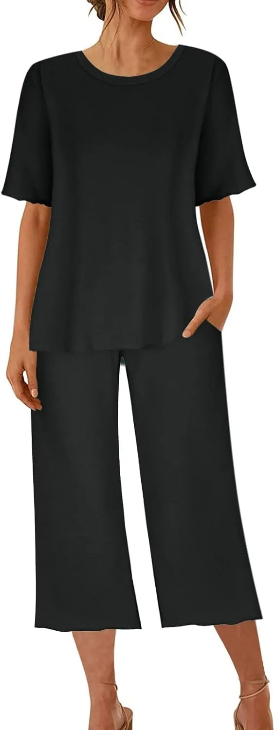 Womens Capri Pajamas Set 2 Piece Summer Lounge Sets Short Sleeve Round Neck Tops Soft Cropped Pants Comfy Sleepwear