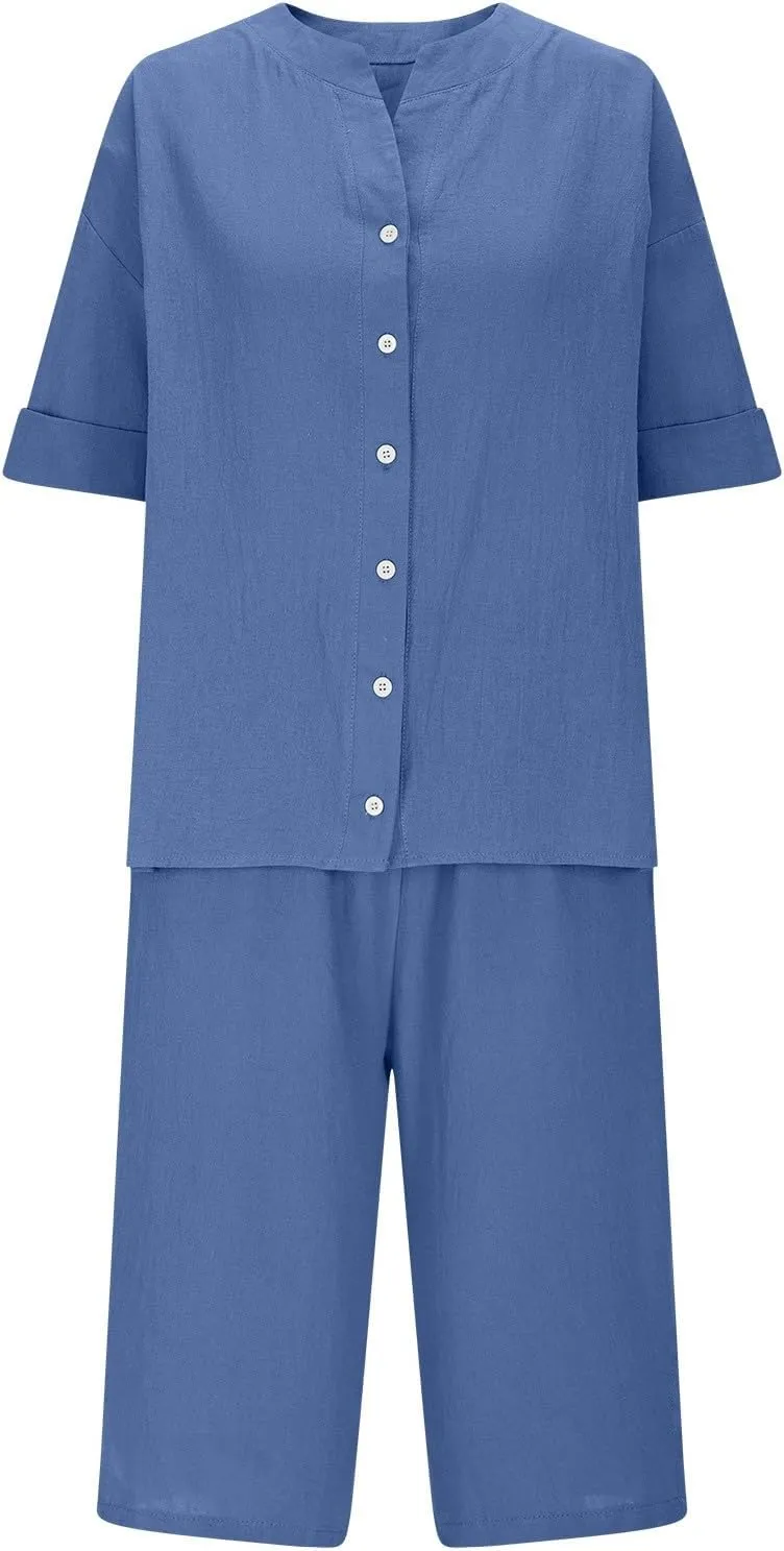 Womens Casual 2 Piece Outfits Cotton Linen Sets Short Sleeve Button Up Shirts Summer Long Shorts with Pockets