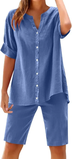 Womens Casual 2 Piece Outfits Cotton Linen Sets Short Sleeve Button Up Shirts Summer Long Shorts with Pockets