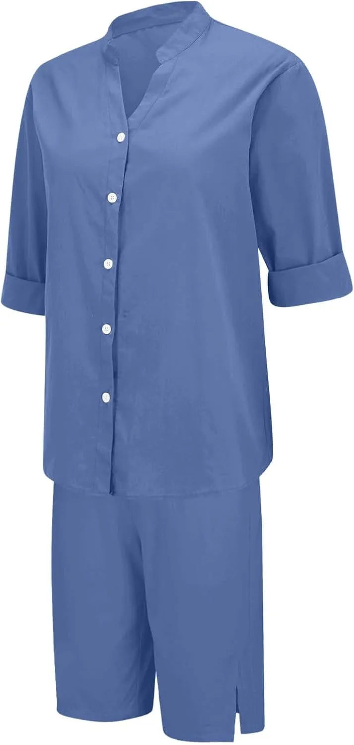 Womens Casual 2 Piece Outfits Cotton Linen Sets Short Sleeve Button Up Shirts Summer Long Shorts with Pockets