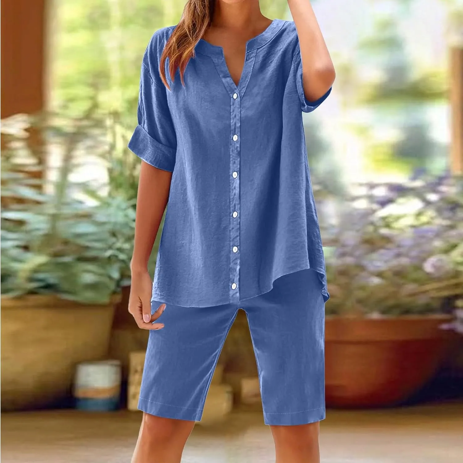 Womens Casual 2 Piece Outfits Cotton Linen Sets Short Sleeve Button Up Shirts Summer Long Shorts with Pockets